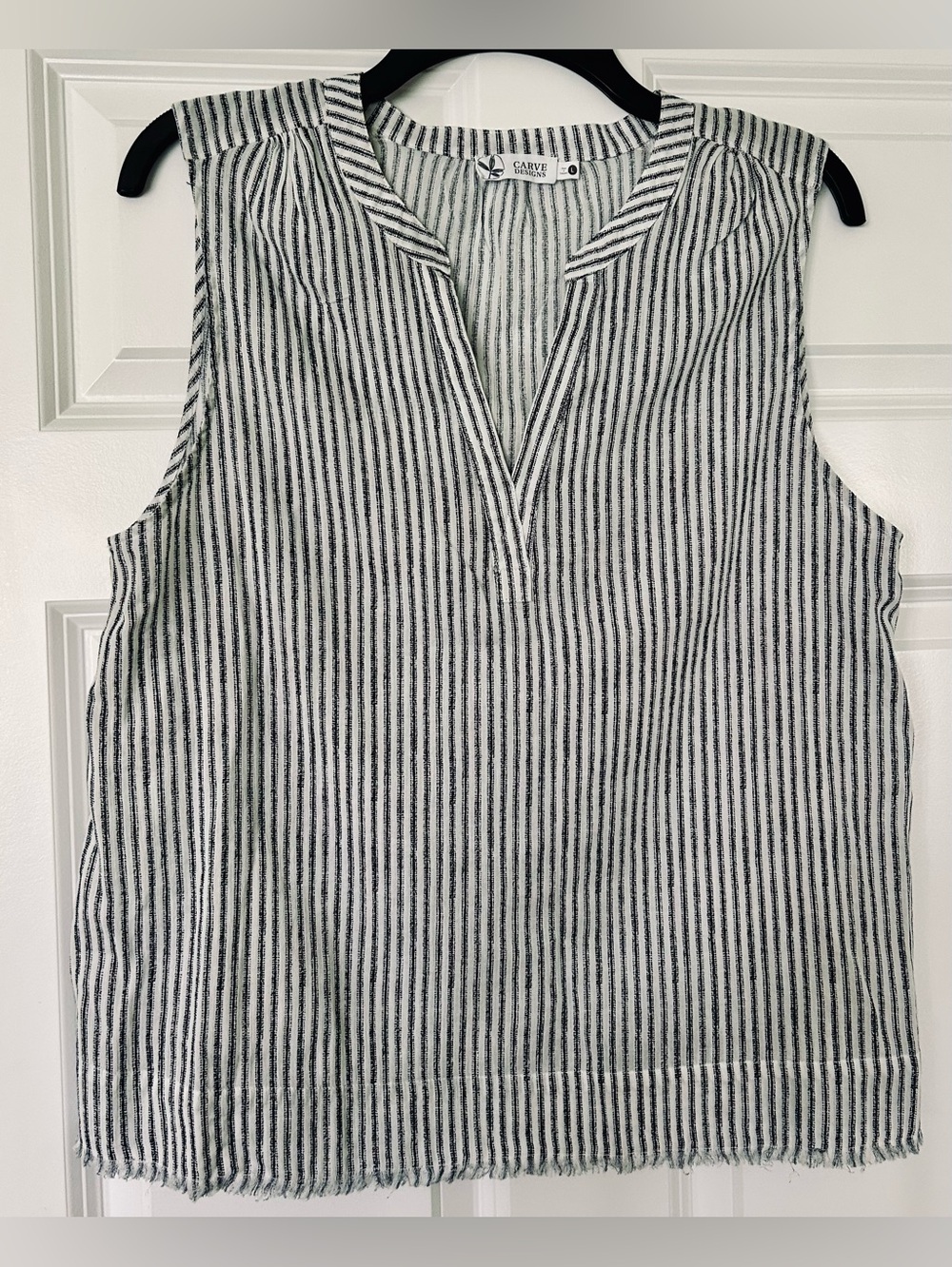 Carve Designs Dylan 100% Cotton Navy & White Striped Sleeveless V-Neck Tan